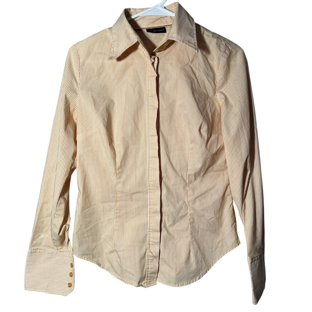 New‎ York & Company Women's Size Small Button Down Shirt Yellow White Pinstripes